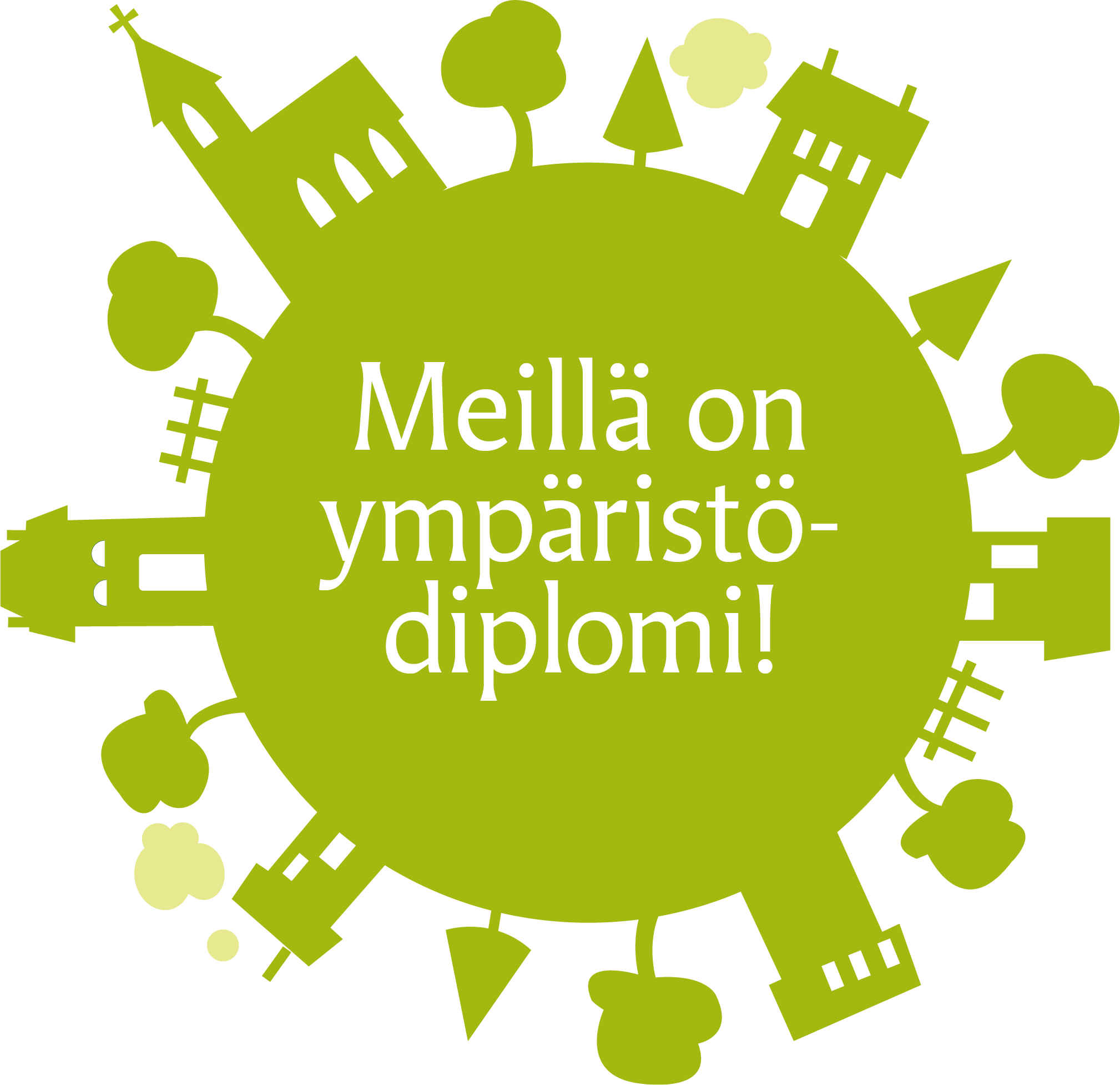 Vihreä maapallo, jossa lukee Meillä on kirkon ympäristödiplomi!